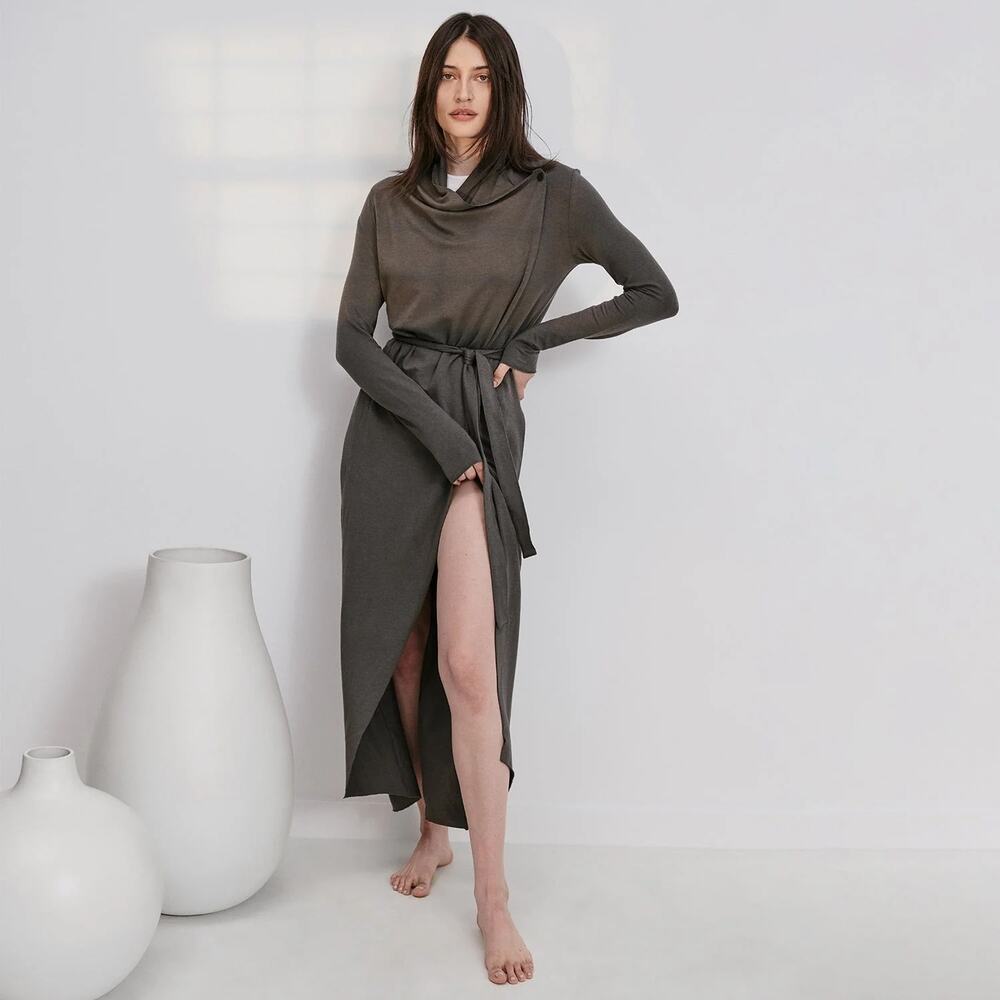 Lunya Women Medium  Gray Good in Bed The Robe Pima Cotton Full Length Sleepwear